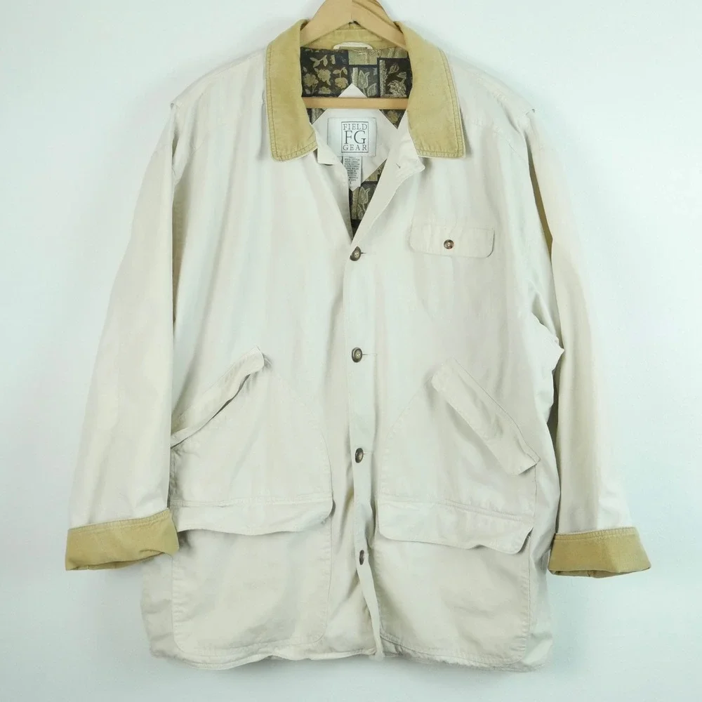 Vintage 90s Mens Barn Jacket Cream Corduroy Trim Chore Coat L Fisherman Utility